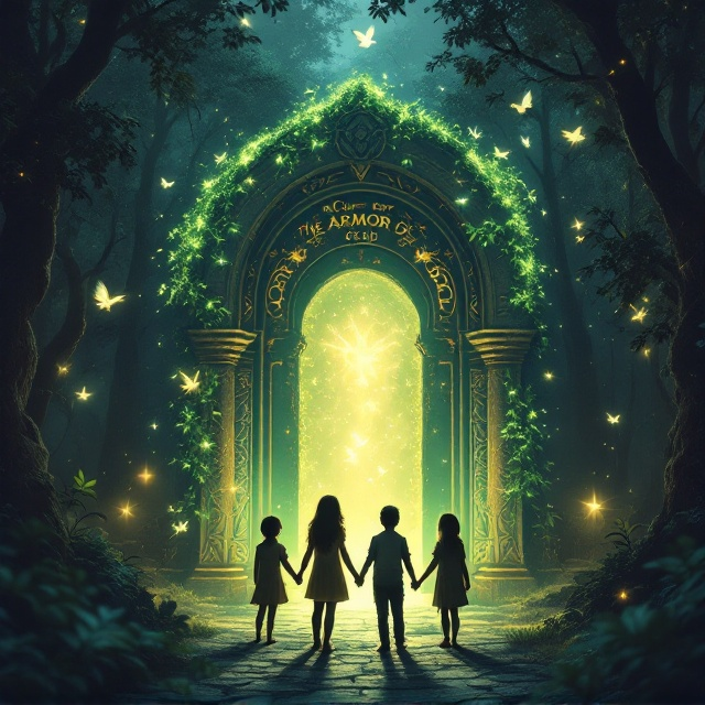 The cover features a dense, enchanting forest at twilight, with faint rays of sunlight streaming through the trees. At the center of the image, a majestic stone archway is covered in glowing, luminous green vines that pulse faintly against the subdued backdrop of deep shadows and golden light. The carvings on the archway shimmer subtly, showing intricate angelic figures and ethereal symbols that seem alive. Standing in front of the archway are four children (two girls and two boys), clad in simple yet classic adventurer's outfits, each holding hands and gazing up at the glowing doorway with expressions of awe, hope, and excitement. Birds and sparkles of light float in the air, giving it a magical fairy tale vibe.