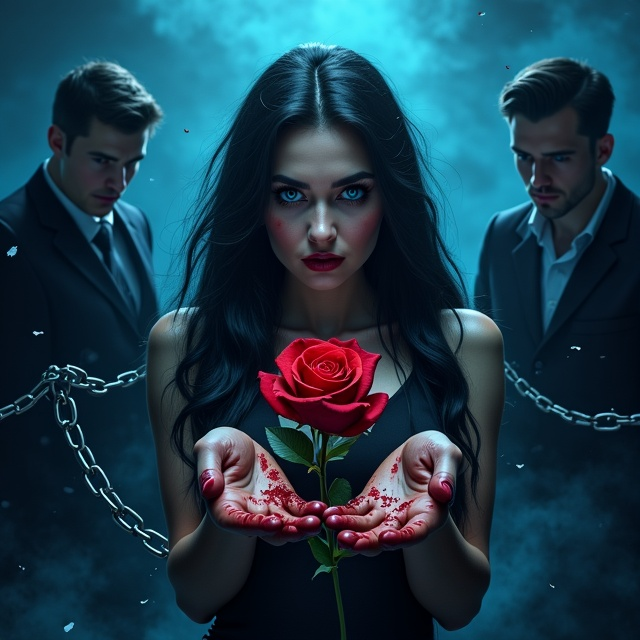 A dark blue gradient background with subtle textures of faint smoke and shadows creating a haunting thriller vibe. Two men in sleek black suits loom in the background on opposing sides — the one on the left clutching thick, ominous metal chains that glisten faintly, and the one on the right delicately holding a thorn-wrapped rose. At the center, the woman with long black hair cascading down her shoulders stands out, her vivid blue eyes piercing through the scene. Her hands, covered in subtle streaks of blood, are held outward, symbolizing struggle and endurance. Light focuses on her as if a spotlight is casting across her figure, emphasizing her central role. Small cracks appear around her, almost like shattered glass, adding intensity.