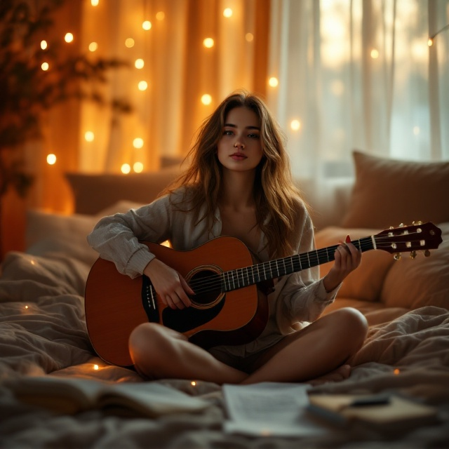 A cozy, softly lit bedroom forms the backdrop. A young woman with flowing hair sits cross-legged on a plush bed, holding an acoustic guitar. The light coming through a nearby sheer curtain creates a warm, golden-hour glow, highlighting her serene expression. Scattered around the bed are notebooks, music sheets, and a few fairy lights strung above the headboard, adding to the romantic and intimate vibe. A faint bokeh effect is subtly used for parts of the background to direct focus to the character and the guitar.