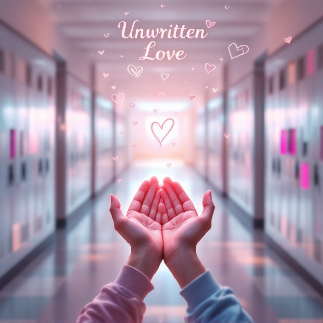 A pastel-toned high school hallway stretches diagonally across the cover, with soft, blurry lockers and a faint light streaming through the windows, creating a subtle dreamy effect. At the center, two silhouetted hands are gently held, occupying the bottom third of the frame. Above the hands, faint sketches of doodled hearts and handwritten "notes" float in a whimsical pattern, as if doodled in the air. A slight gradient of light pink washes over the image, softening the overall tone and emphasizing the romantic theme.