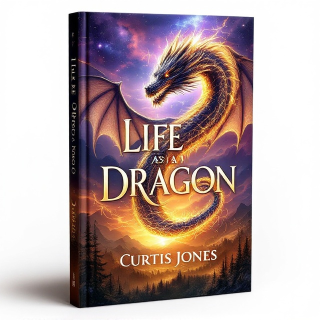 A radiant dragon with gold, gleaming scales spiraling upward in flight dominates the central cover. The dragon's mighty wings spread wide, catching the sunlight and reflecting swirls of luminescence. Below, a rich tapestry of lush Middle-Earth forests gives way to jagged mountains and faint silhouettes of distant cities on the horizon. The sky fluctuates from deep crimson near the horizon to vibrant violet at the top, creating a gradient that signifies the epic wonder of the story.