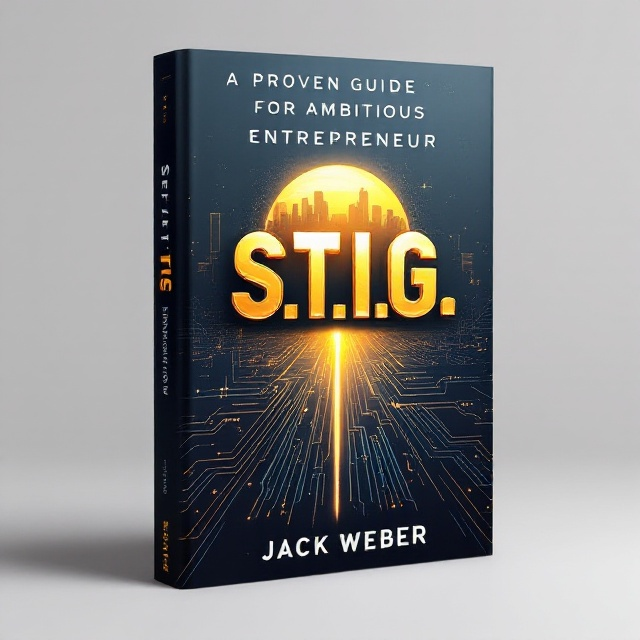 The cover features a sleek, futuristic city skyline illuminated by a rising sun in gradient gold. The acronym "S.T.I.G." is centrally placed, large and bold, with a metallic texture, reflecting the purpose-driven and structured success for entrepreneurs. Subtle circuit-like patterns in the background evoke the idea of connectivity, strategy, and innovation. Below the title, there is a sharp diagonal line creating a sense of forward motion. The color palette consists of sharp, contrasting hues like navy blue, rich gold, and crisp white, creating an elegant and professional feel.