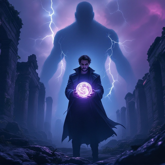 A tumultuous, storm-filled sky looms in the background, painted in gradient shades of deep purples and blues. The ruins of an ancient Pompeian structure rise sharply from the foggy ground to the left, covered in vines and cracked with age. In the center foreground, Alex Ashthorn stands tall, his long coat flowing in the wind. His face is partially illuminated by the faint, mystical glow of the artefact he holds – an orb-like object with swirling, otherworldly patterns within it. Behind him, barely visible but utterly imposing, is the faint, ghostly silhouette of a Titan, half-dissolved into the storms above but unmistakably gargantuan and menacing. Jagged cracks of lightning frame the Titan and pulse towards the glowing artefact, creating symmetry and tension in the composition.