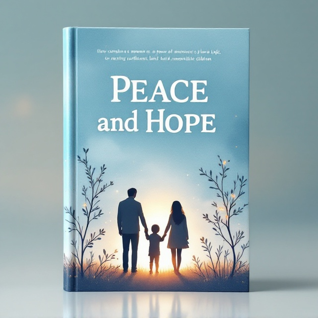 A serene, watercolor blue sky with soft clouds serves as the background, symbolizing peace. Silhouettes of a family (parents and two children) holding hands stand in the center, with a warm golden glow encircling them to emphasize hope and togetherness. To the sides, a delicate tree branches out, with leaves forming abstract representations of neurons, subtly hinting at neuroscience.