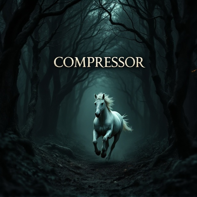 A solitary white horse gallops through a dense, shadowy Germanic forest. The trees intertwine to create an almost suffocating atmosphere, their branches resembling gripping claws. The horse's white coat contrasts starkly against the oppressive black and dark green tones of the forest. A hint of distant firelight glows through the trees, suggesting danger just out of sight. The title, "COMPRESSOR," is embossed vertically at the center, slicing through the darkness like a blade.