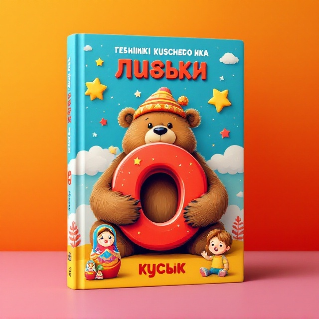 The cover features a friendly, cartoon brown bear wearing a traditional Russian ushanka hat, holding a large, vibrant red Russian letter "А" in its paws. Surrounding the bear, playful stars and fluffy white clouds are sprinkled across a bright blue sky. A colorful Matryoshka doll peeks out from behind the letter "А," while a cheerful child waves from a yellow background at the bottom of the cover. The background is a gradient of bright primary colors—red at the top, transitioning to blue, and finally yellow at the bottom—creating a lively and joyful atmosphere.