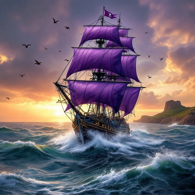 The cover features a dynamic scene dominated by a majestic pirate ship with bold, flowing purple sails. The pirate flag is visible and fluttering atop the central mast. The ship cuts through a sea with dramatic waves of various shades of blue and green, suggesting movement and adventure. In the background, a distant shore with a hint of green land rises on the horizon, bathed in a golden, muted sunset. The sky is an ombré of earthy warm tones, transitioning from golden hues near the horizon to a deeper, atmospheric purple. Fleeting birds are scattered in the sky, adding depth and realism. The foreground includes subtle spray and reflections of the water, emphasizing the adventure and the unpredictable power of the sea.