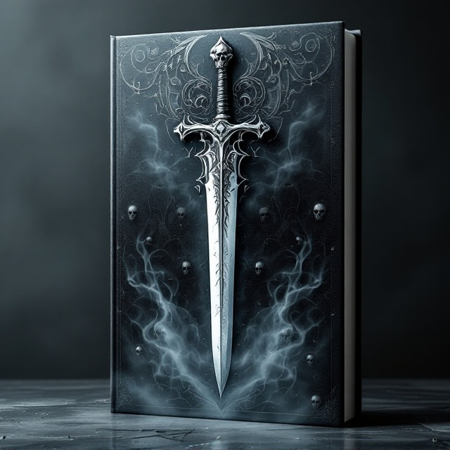standing book mockup, Its title is "The dead among us".  The cover will showcase a beautifully rendered silver-hued sword piercing through an ornate pattern of swirling mist and subtle skull shapes. The sword’s blade will gleam with intricate engravings resembling mysterious runes or ancient symbols, hinting at a hidden story. The background will be a gradient of dark charcoal gray fading into soft silver, with faint textures resembling aging metal or foggy air. Around the sword, ethereal, ghostly silhouettes appear subtly in the mist. Font used will be a blend of an elegant serif font with sharp edges for "The Dead Among Us." The title appears vertically aligned alongside the sword to add symmetry. The font will have a distressed metallic texture to reinforce the book’s silver theme and genre., The title is vertically framed along the side of the central sword. The sword will dominate the foreground, taking up the central space. Lightly textured mist and ghostly figures subtly surround the edges of the cover to give depth while not overpowering the visuals. The title, although aligned vertically, is legible and balanced. The top and bottom sections of the cover remain clean to avoid overcrowding. The area where the author's name typically appears should be left completely blank, with no text or placeholder.