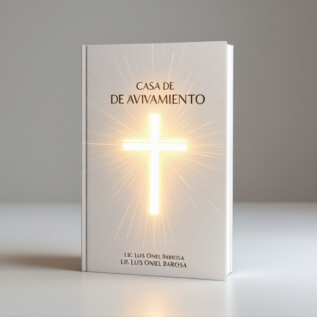 A minimalist design with a white background symbolizing purity and tranquility. A soft, glowing cross is the focal point in the center, emanating a warm light. The title "CASA DE AVIVAMIENTO" is arranged dynamically above the cross with a subtle gradient effect. The author name, "Lic. Luis Oniel Barbosa," appears at the bottom in a formal yet readable font. Thin, abstract lines radiate outward from the cross, giving a sense of energy and movement.
