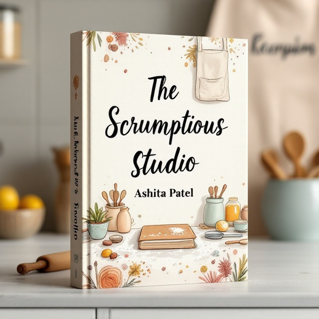 The cover features an illustrated kitchen countertop filled with charming elements a vintage recipe book, delightful spices, measuring spoons, a rolling pin, and flour dust spread organically to create a cute, personal touch. In the background, there’s a faint illustration of a cozy kitchen shelf with jars, pots, and utensils. An apron drapes over the corner of the image with "The Scrumptious Studio" subtly embroidered on it for a heartfelt connection. The color palette includes soft pastel combinations with warm peach, cream, mint green, and touches of golden yellow to evoke a homey, warm feel.