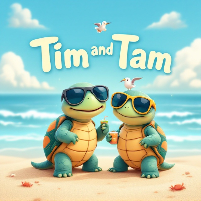 Two cartoon-styled turtles, Tim and Tam, are depicted on a sandy beach. One turtle is wearing oversized sunglasses with a goofy grin, while the other is holding a small umbrella drink, both showing joyful expressions. The ocean waves in the background are light blue and slightly animated, with fluffy cartoon clouds scattered across the sky. The sand has a soft texture, with playful doodles of shells and tiny crabs at the bottom edge.