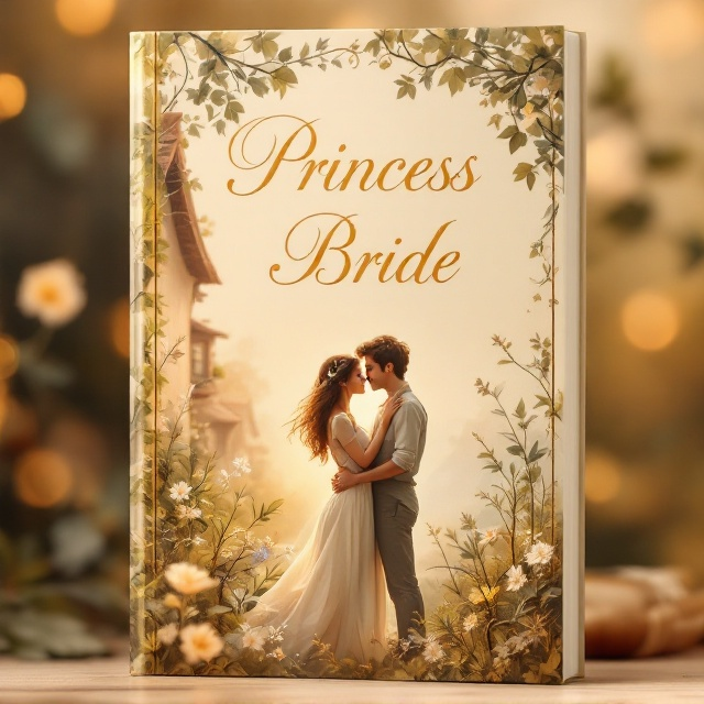A light yellow-toned background fading into soft gradient hues of dawnlike orange and pale pink. In the foreground, an old, quaint cottage with ivy climbing its walls, partially silhouetted. In front of the cottage, a young couple is captured in an intimate moment—a gentle, romantic kiss. The boy gently holds the girl, her dress flowing slightly in the breeze, framed by blossoming vines and wildflowers. The entire scene is soft-focused, evoking a dreamy and heartfelt setting.