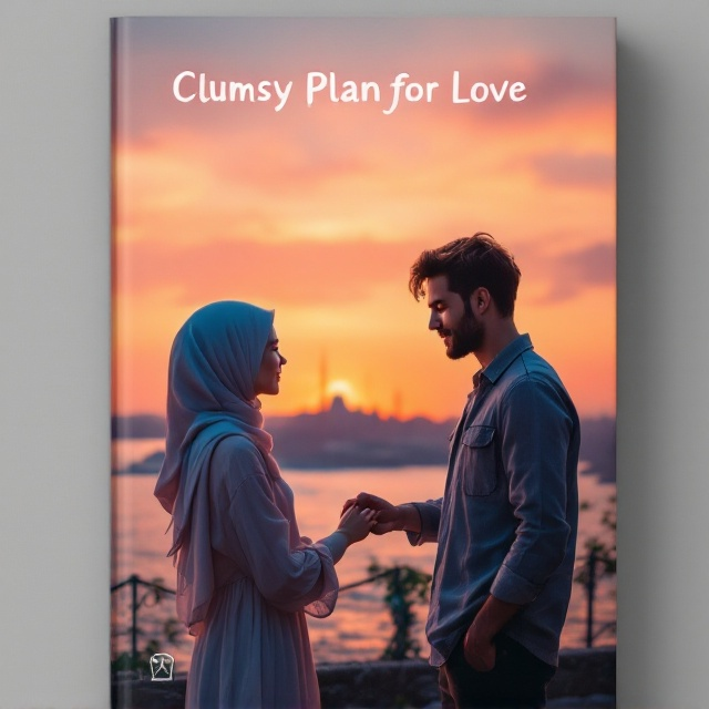 A romantic sunset over the Bosphorus, with the iconic silhouette of Istanbul’s cityscape, featuring the Bosphorus Bridge in the background. A young Muslim girl in a flowy outfit, her hijab caught lightly in the breeze, stands on the left. She’s facing a handsome man in a casual engineer’s attire, his hand gently connected to hers. The focus of the scene centers on their fingertips, evoking a blend of subtle romance and playful shyness. The warm, golden hues of the sunset contrast with the deep blue water of the Bosphorus, adding a cozy yet comedic visual atmosphere.