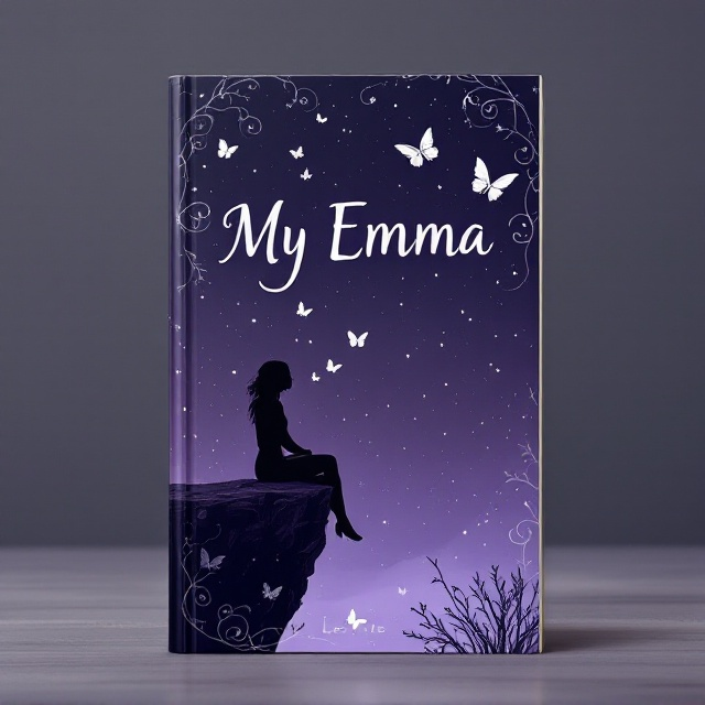 A solitary figure of a young woman, silhouetted and seated on the edge of a cliff under a vast, dark purple sky. Subtle white butterfly doodles flutter above her head, symbolizing fragility, hope, and escape. Intertwining white swirls and vines create an ethereal border, blending seamlessly into the background. The overall tone of the imagery is soft yet poignant, emphasizing both the weight of sadness and a hint of sweetness.