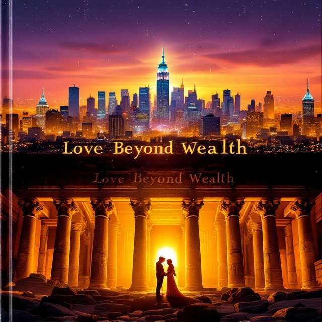 The book cover is divided horizontally into two distinct halves. The upper half depicts the Manhattan skyline at twilight, with a beautifully rich purple and warm orange gradient sky highlighting the cityscape’s corporate lights. The lower half portrays ancient temple ruins glowing serenely under golden sunlight, textured with intricate carvings and glowing with harmony. A string of luminous binary code runs through the center of the cover, connecting both halves, and as it transitions into the middle section, it morphs into flowing handwritten script. Silhouetted figures of six couples are subtly interspersed across the skyline and temple backdrop, each engaged in different intimate poses, adding depth to the story.