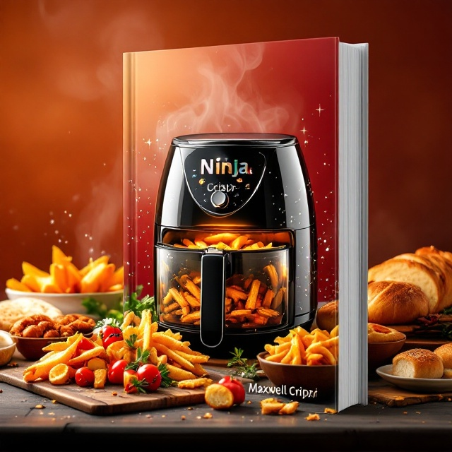 A dynamic and colorful composition featuring a Ninja Crispi Portable Glass Air Fryer as the central focal point. Steam rises from the air fryer, hinting at fresh, hot meals. Surrounding the fryer, a vibrant display of golden-brown air-fried dishes (like crispy fries and vegetables) and baked recipes (such as a fresh loaf of bread and pastries) is arranged in an appealing semi-circle. The background transitions from soft gradient hues of orange to deep red, symbolizing warmth and cooking energy. Glassy effects, glossy finishes, and a sparkle of light reflect off of various elements, creating an inviting and modern appearance.