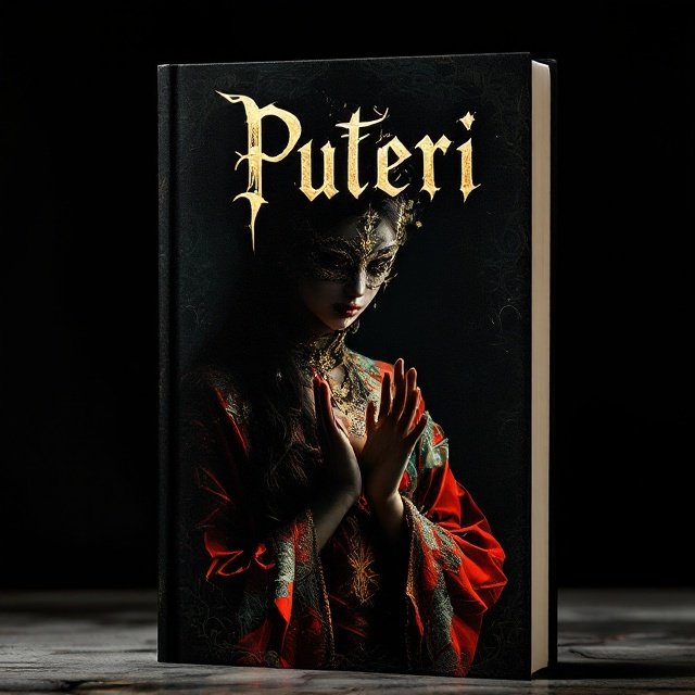 The cover features a hauntingly dramatic image of a traditional Malay female dancer illuminated against an almost abyssal black background. The dancer's silhouette takes the center stage, her vibrant kebaya in red, gold, and green shimmering under dim, focused light. Her long, flowing hair partially shadows her face, with a fragile, ornate mask obscuring her lower features. Her hands are frozen in an intense, almost otherworldly stance, with exaggerated shadows spilling across the dark canvas behind her. The background subtly showcases faint, ghostly patterns reminiscent of an ancient Malay palace—barely perceivable, akin to whispers in the dark.