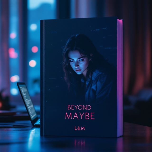 A dimly lit room set in soft gradients of deep blue and purple tones. A young woman with an air of mystique is seated at a sleek desk, her face gently illuminated by the glowing light of a laptop screen displaying a programming interface. The soft glow creates a halo effect around her somber expression, evoking longing and vulnerability. The background reveals a minimalistic apartment with faintly blurred details, drawing focus to her. Behind her, faint hints of city lights can be seen through a partly curtained window, adding to the sense of intrigue.