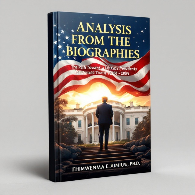 A triumphant illustration of President Donald Trump standing confidently on the steps of the White House. The American flag billows dramatically behind him, waving in the wind. A hopeful golden sunrise glimmers over the White House roof, casting a warm and promising light. Around the base of the composition are subtle emblems of past challenges, including cracked stones and shadows that fade into the outline of a path, symbolizing overcoming obstacles. The colors red, white, and blue dominate, with golden light accents to evoke hope.