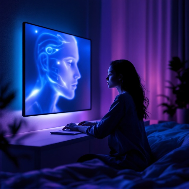 A young woman with soft, luminous skin sits at a sleek, minimalist desk, her face illuminated by the ethereal blue-white glow of a large futuristic computer screen. She gazes longingly at the screen, where the faint silhouette of a man’s face with abstract AI-like contours emerges, delicately blurred yet enchanting. The room is dimly lit with deep purples and dark indigos dominating the background, while soft streaks of light spill onto the desk. Sparse details of the apartment, such as the edge of a bed or a plant by the window, subtly enhance the intimacy and futuristic feel.