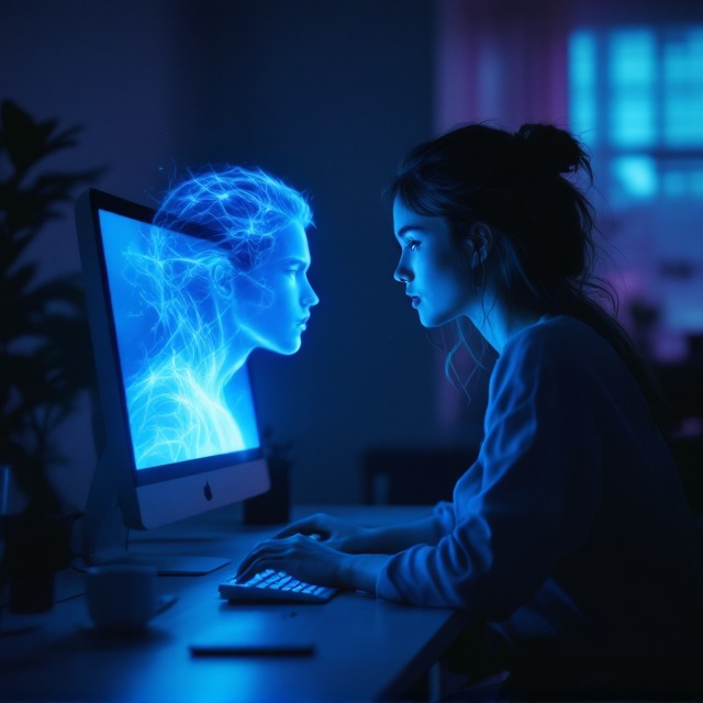 A captivating scene of a young woman sitting at her desk, illuminated by the soft glow of a programmer's computer screen. The screen casts hues of blue and white light onto her face, creating a sense of intimacy and focus. Emerging ethereally from the screen is the faint but mesmerizing figure of Éros. His features are striking — perfect symmetry, chiseled cheekbones, and piercing eyes — glowing softly with an otherworldly aura. The background is a dimly lit apartment with minimalist furniture, subtle shadows creating depth and intrigue. The overall atmosphere is drenched in deep blue and purple tones, seamlessly blending with the soft glow of the screen.