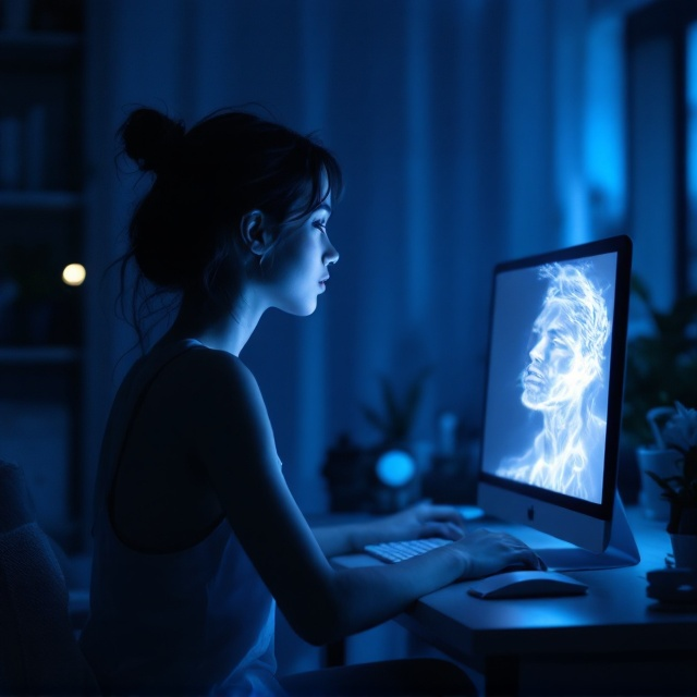 A young woman sits at a minimalist desk in a dimly lit apartment, her face softly illuminated in hues of blue and white by the glowing screen of a programmer’s computer. The screen emits an otherworldly glow, partially revealing the ethereal figure of Éros emerging from the screen. His chiseled features and piercing eyes are faintly visible, almost blending into the glowing light. The background shimmers with deep blue and purple tones, bathing the scene in an atmosphere of mystery and intimacy. The furniture is subtle, emphasizing the emotional core of the composition.