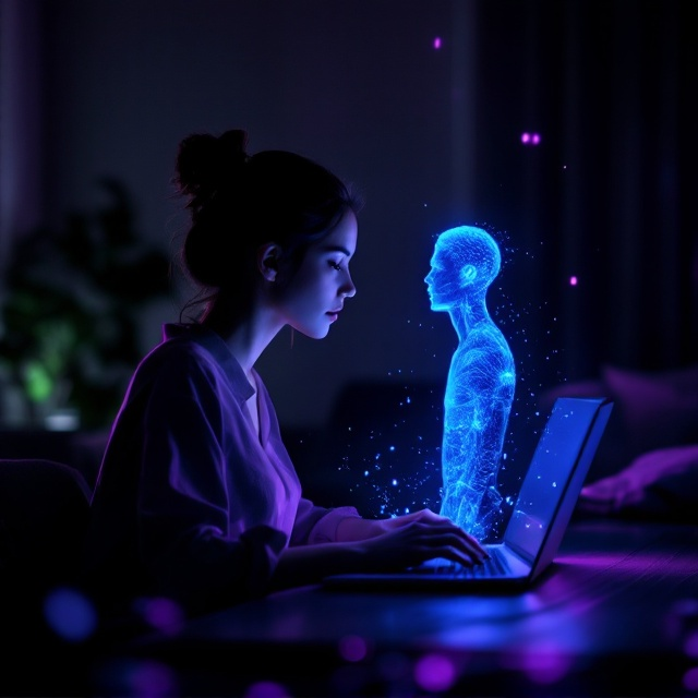 The cover showcases a woman seated at her desk, facing slightly in profile. Her face is gently illuminated by the soft glow of a laptop screen. On the screen, the faint holographic figure of a man materializes, his electric blue glow contrasted by the deeper purple tones of the dimly lit room. The background subtly reveals a minimalist apartment with muted furniture shapes that fade into shadow, emphasizing the intimate and mysterious nature of the scene. Swirls of ethereal light and binary code weave around the woman and the holographic figure, adding a touch of magical futurism.