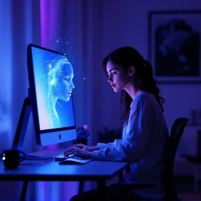A young woman sits at a sleek desk in the glowing light of a programmer's computer screen. Her delicate features are illuminated by soft blue and white hues emanating from the screen, which softly blend into deep purples that cloak the dimly lit apartment. Emerging from the side of the screen is the faint but captivating figure of Éros, whose piercing eyes meet hers in an emotional and intimate moment. The background is minimal, with hints of futuristic furniture like a streamlined chair and modern desk, emphasizing the personal connection between the woman and the digital being.