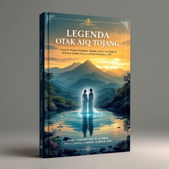 A serene dusk setting showcasing a vibrant mountain range in the background with golden hues radiating from the horizon. At the center of the design is a sacred spring, with a crystal-clear water source reflecting the mountain and sky above it. A subtle silhouette of a king and a princess in traditional attire appears ethereal, almost spirit-like, fading into the water. The top and bottom of the cover incorporate intricate traditional Lombok Sasak-style patterns as framing borders.