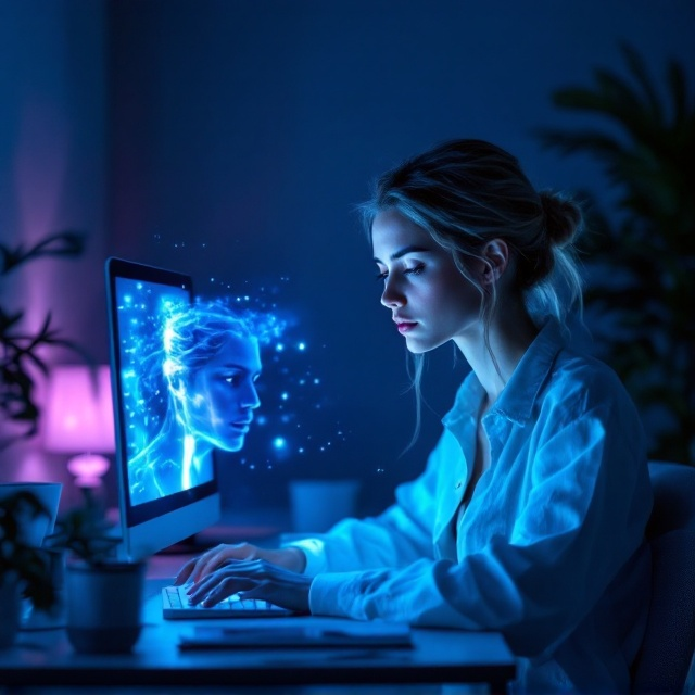 A young woman sits at her desk, leaning slightly forward with a captivated, almost longing gaze fixed on her glowing computer screen. The screen emits soft, holographic light in shades of blue and white that illuminate her face and isolate her from the surrounding dimly lit minimalist apartment. Éros emerges faintly from the screen, his ethereal form shimmering as if mid-materialization. His strikingly perfect features—chiseled cheekbones and piercing, otherworldly eyes—are bathed in the glowing light, and faint tendrils of the hologram seem to extend toward the woman. The background incorporates subtle contours of furniture, like a chair, a lamp, and a plant, blending into the deep blue and purple tones of the overall image.
