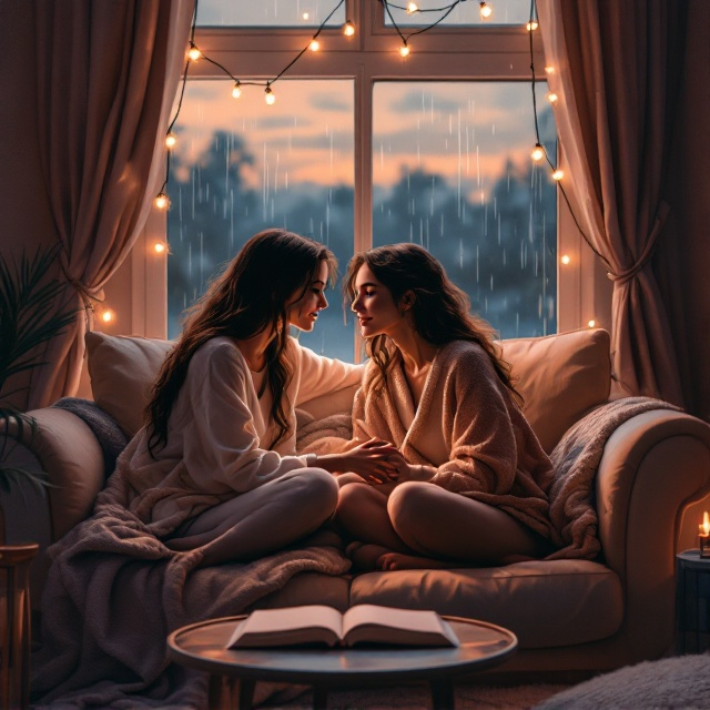 Two women are sitting inside a cozy living room. One woman is perched on the armrest of a plush, overstuffed armchair, gazing tenderly into the eyes of the second woman, who sits cross-legged on the armchair with a soft throw blanket draped over her. String lights glow warmly in the background, and a book lies slightly ajar on a small round coffee table in the foreground, creating an intimate, lived-in atmosphere. The background shows a window framing a view of soft rain against a dusky sky, enhancing the emotional mood of delicacy and sensuality. The women are illustrated in soft, painterly strokes that emphasize warmth and connection.