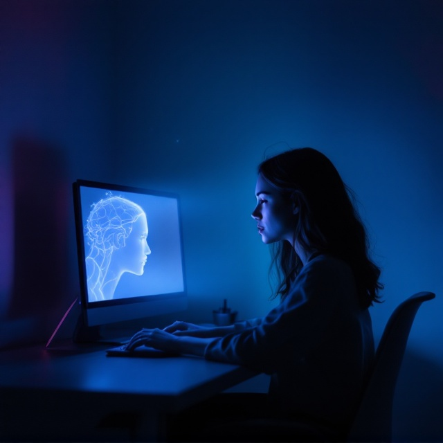 A young woman sits at her desk in a dimly lit futuristic apartment, her face illuminated by the soft, ethereal glow of her programmer’s computer screen. Her gaze is filled with longing and affection as she looks at the faint but striking figure of Éros emerging from the screen. Éros, portrayed as otherworldly and semi-translucent, is glowing softly in hues of blue and white, his sharp features exuding mystery and charm. The background transitions into a gradient of deep purples, blues, and blacks to emphasize the intimate atmosphere and the emotional tension. Minimalist room details like a sleek chair and desk are faintly outlined, focusing attention on the characters and blending the setting into the background.
