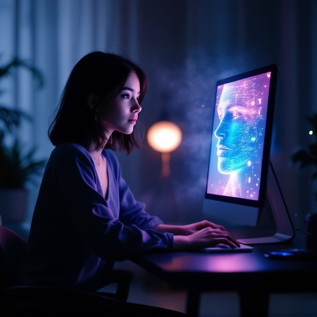 A young woman, Clara, sits at a sleek, minimalist black desk in a dimly lit room bathed in soft, ethereal tones of deep blues and purples, complemented by hints of white light. Her delicate features and shoulder-length dark hair reflect focus and passion as she gazes deeply at the bright, glowing computer screen. The holographic face of Éros emerges subtly yet vividly from the screen, his chiseled cheekbones and piercing eyes radiating an otherworldly digital glow. Éros’ half-face is stepping out of the screen, creating a mix of intrigue and intimacy. Behind Clara, a softly blurred minimalist apartment setting with a faintly visible lamp and a plant provides depth and a modern touch. A subtle mist of light creates an enigmatic, futuristic atmosphere, keeping the focus on Clara and Éros’ connection.