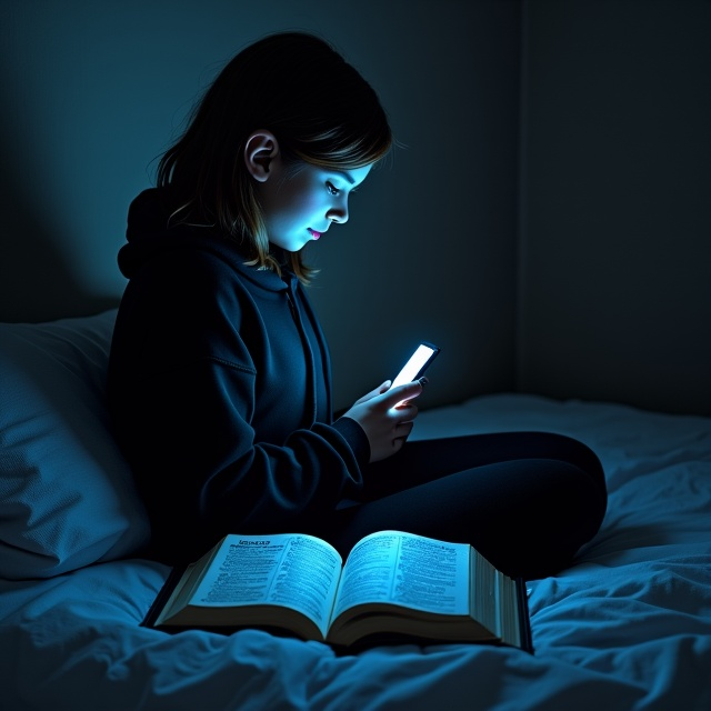 The cover features a darkened bedroom with a single source of light coming from a smartphone held by a girl seated on the bed. The girl, seen from a slightly angled side profile, wears a black hoodie and black flare leggings. Her dark brown, highlighted butterfly-cut hair frames her face, lit softly by the blue hue from the phone screen. At the end of her bed lies an opened Bible turned to Psalm 612, carefully detailed to ensure its significance shows through the dim lighting. In the background, the faint outline of a photo frame hangs on the wall showing a very pale, newborn baby girl. The dominant colors are shades of black, gray, and blue, evoking a somber mood with the Bible emitting a faint golden glow to signify the faint hope in the moment.