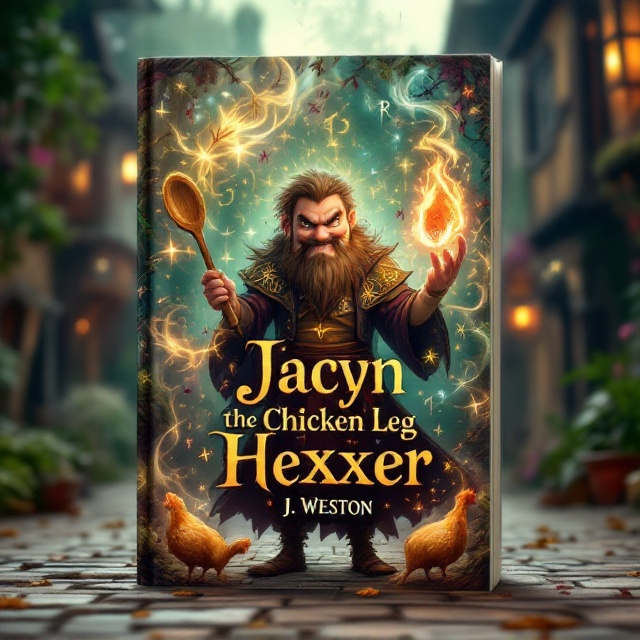 Jacyn stands at the center of the cover with his devious, warm grin, holding a glowing wooden spoon in one hand and a delicately cooked chicken leg in the other. He’s framed by a magical, swirling mist of vibrant herbs, spices, and runes that drift in the air. Below him, his feathered chicken legs are visible, confidently placed on a cobblestone street. A whimsical medieval village is blurred in the background, offering hints of his world. The color palette features earthy greens, soft browns, and magical highlights of golden yellows and vibrant purples to evoke both nature and magic.