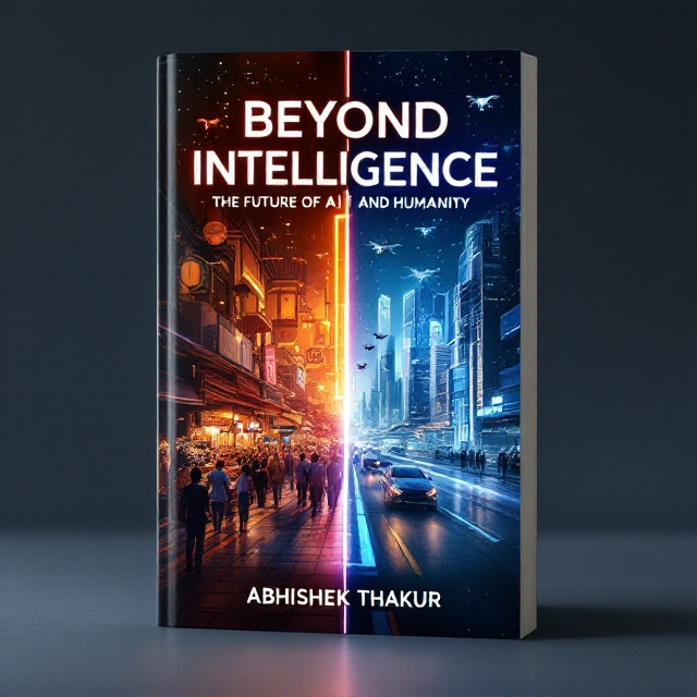 A split-image design divides the book cover down the center. On the left side, a vibrant and colorful marketplace is brought to life, featuring bustling crowds, merchant stalls, and a warm, earthy color palette. On the right side, a sleek, futuristic cityscape is depicted with shining skyscrapers, drones zipping through the air, autonomous vehicles, and cold, metallic hues of blue and silver. The split is marked with a glowing, ethereal seam to symbolize the transition from one era of humanity to another. Above the image, the title "Beyond Intelligence" appears bold and luminous, like a neon light. The subtitle "The Future of AI and Humanity" is placed just below the title, in a smaller, softer font. At the bottom of the cover, "Abhishek Thakur" is displayed in a clean, modern typeface.