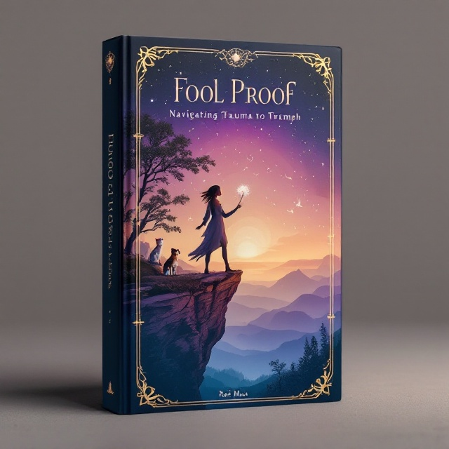 A mesmerizing Tarot card layout featuring "The Fool" as a woman with an adventurous, serene expression. She stands on the edge of a cliff, accompanied by a brindle-colored dog leaping beside her and a curious calico cat perched near her feet. Her 3rd eye glows faintly on her forehead, symbolizing spiritual enlightenment. She holds a dandelion in its pre-bloom state, its delicate form contrasting against the bold background. The backdrop shifts between a twilight sky, blending deep purples, oranges, and soft blues, with hints of stars forming constellations. The card’s edges are decorated with gold embossing, creating an elegant and celestial frame.