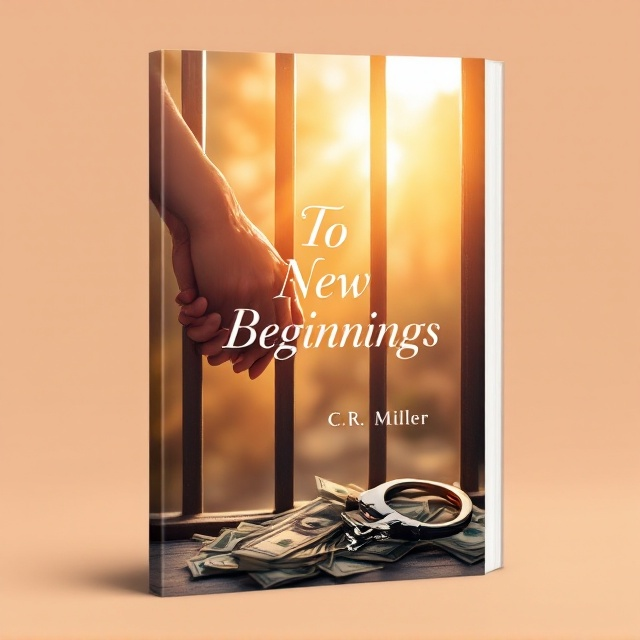 A pair of hands intertwined on one side of the cover gripping prison bars gently. Sunlight streams in through the jail bars into the foreground, casting warm beams of light toward a pile of cash in the bottom-right corner. The background fades into a soft gradient of warm peach and pale yellow, symbolizing hope and new beginnings. The handcuffs rest slightly open near the pile of money.
