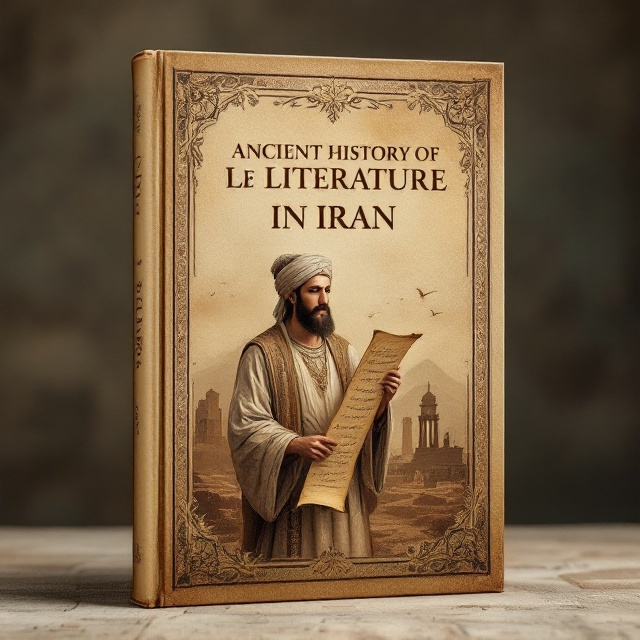 A sepia-toned textured background symbolizing antiquity and age. At the center, a calligraphy-style depiction of a Persian poet holding a scroll, surrounded by faintly drawn ancient Persian script. The border is adorned with ornamental Persian motifs and floral patterns in gold. A shadowed silhouette of historical landmarks, like Persepolis, fades into the background, adding a sense of geographical identity.