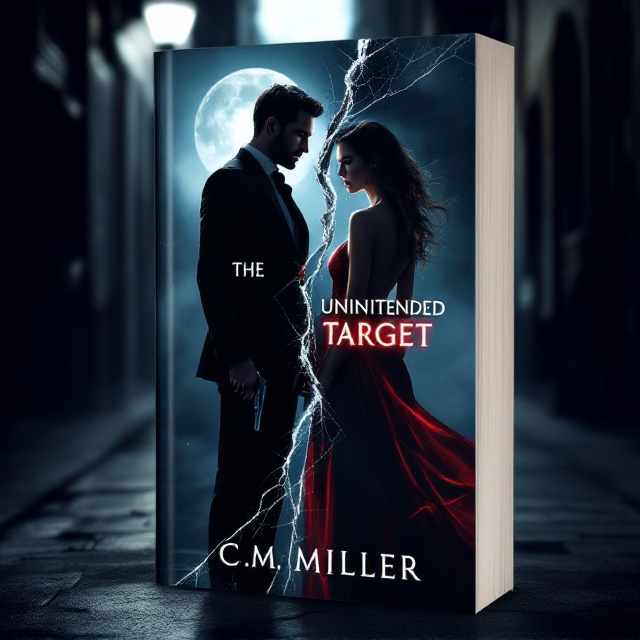 The cover features a shadowy, moonlit alleyway in the background. On one side, the silhouette of a man in a sharp suit stands confidently, holding a sleek pistol lowered at his side. On the opposite side, a woman in a flowing, crimson dress looks over her shoulder, her expression a mix of hesitation and intrigue. Their two figures are separated by a jagged diagonal slash resembling cracked glass, symbolizing betrayal and emotional tension. Hazy mist softens the scene while thin, red streaks subtly weave through the background to signify passion and danger.