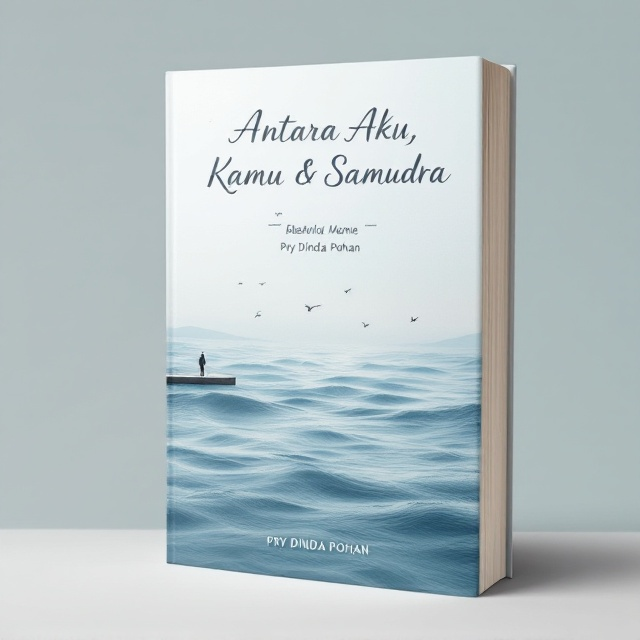 The cover features a serene oceanic landscape as the focal point, with gentle waves rolling across a light blue expanse. The horizon is soft, fading into the same light blue sky with subtle gradients of white and light gray. A delicate touch of black silhouettes a lone figure standing at the edge of a pier, gazing into the distance. Small birds in flight are scattered subtly along the horizon, adding tranquility to the scene.