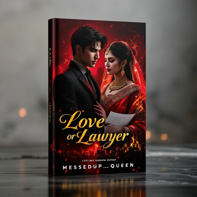 The cover features a dramatic, split-tone design. On the left side, there is a high-resolution image of Jeon Jungkook as a brooding, dark mafia boss—a tailored black suit, piercing stare, and subtle tattoos adding intrigue. On the right side, Y/N is depicted as an elegant Indian bride dressed in a crimson saree, holding a file of legal documents with a determined but pained expression. The background blends shades of crimson and deep black, with flames subtly licking the edges, symbolizing passion, revenge, and turmoil. A faint city skyline overlaid in the background hints at the urban drama.