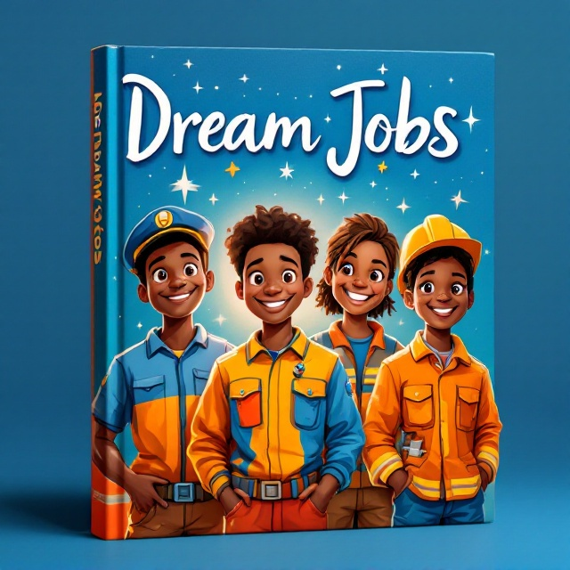 The cover features a vibrant scene set against a deep blue background. At the center, a group of Black African children stands together, beaming with wide smiles and dressed in vibrant, colorful uniforms representing a soldier, a police officer, a firefighter, a doctor, and a construction engineer. The children are depicted in an illustrative style, with warm orange and cheerful accents subtly scattered. Behind them, there’s a soft white glow radiating warmth and positivity. The cover conveys enthusiasm and motivation, with white stars and sparkles scattered across to reflect dreams and aspirations.