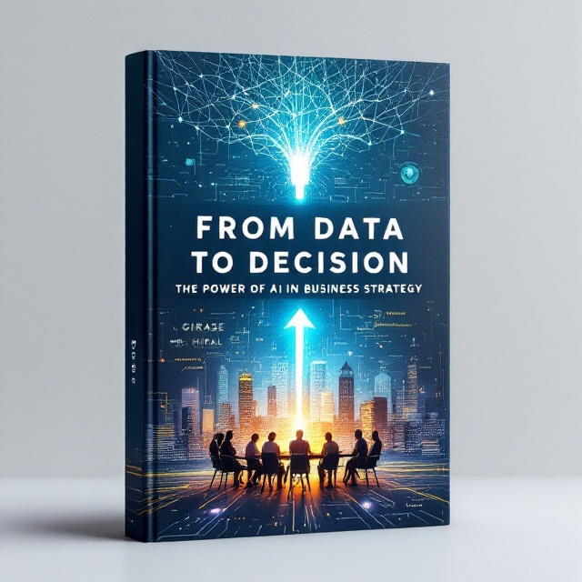The cover is split into two distinct sections that seamlessly blend into each other. The top half features a glowing, electrified web of interconnected nodes resembling a neural network, with vibrant accents of green and yellow that pulse through the blue and silver grid. The network gradually transitions downward into organized bar graphs, pie charts, and an upward trending 3D arrow. The bottom half showcases a stylized city skyline with subtle silhouettes of professionals at a conference table, their figures illuminated gently by holographic projections of AI-driven data. The background features a gradient from deep blue at the top to silvery white at the bottom, with faint circuit board patterns and binary codes subtly embedded throughout. There’s a glowing focal point where the neural network meets the skyline, representing the clarity AI brings to business strategy.