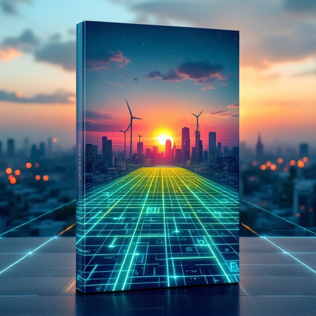 A futuristic city skyline at sunset with sustainable elements like wind turbines and green roofs prominently integrated. The cityscape is partially pixelated to give it a science fiction vibe. A glowing holographic grid overlays the image, converging at the horizon line, suggesting connectivity and forward-thinking strategies. Subtle textures of greenery and clean energy icons are faintly visible in the background, blending seamlessly with the urban environment.
