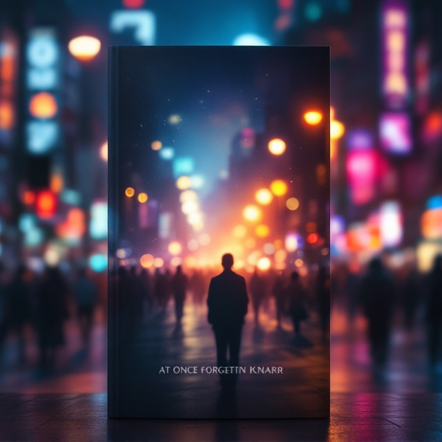 A dynamic and moody depiction of a bustling city street at night, blurred with vibrant warm-toned bokeh lights from street lamps, car headlights, and neon signs. The silhouettes of a crowd are hazy and overlapping in the foreground, subtly fading into the background as if dissolving into memory. At the center, a faint figure stands out slightly sharper but still softly blurred, creating a sense of longing and isolation. The color palette features muted blues, deep purples, and amber highlights, invoking a nostalgic and bittersweet atmosphere.