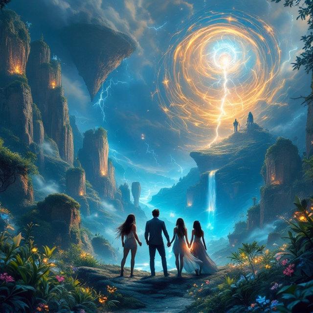 A vivid, fantastical scene of an uncharted, surreal, magical landscape. In the foreground, the four protagonists—three young women and one man—stand in a heroic pose. They are surrounded by glowing, ethereal energy that hints at their supernatural powers. The background showcases towering floating islands, mysterious swirling portals, and a parallel world horizon blending into the sky. Elements of nature, such as radiant lightning striking the islands and glowing plants, intermingle with otherworldly energy waves.