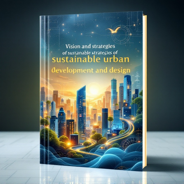 A dynamic cityscape blending abstract architectural elements and fantastical hues. The skyline features sustainable urban structures, like vertical gardens and solar panels, intertwined with glowing vines and ethereal light patterns. An overlay of soft, flowing wind currents integrates the design, symbolizing sustainable energy. The city is set against a cerulean and gold gradient sky that hints at sunrise, creating a balance between future prosperity and fantasy elements.