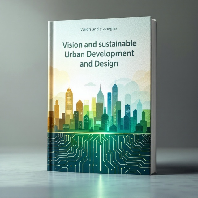A minimalistic city skyline composed of interconnected geometric shapes with gradients of green, blue, and earth tones symbolizing sustainability. The skyline sits on a horizontal axis and transitions into a circuit-board pattern below, indicating the integration of technology and urban planning. The background features a textured gradient resembling sunlight breaking through clouds, giving an impression of hope and innovation.