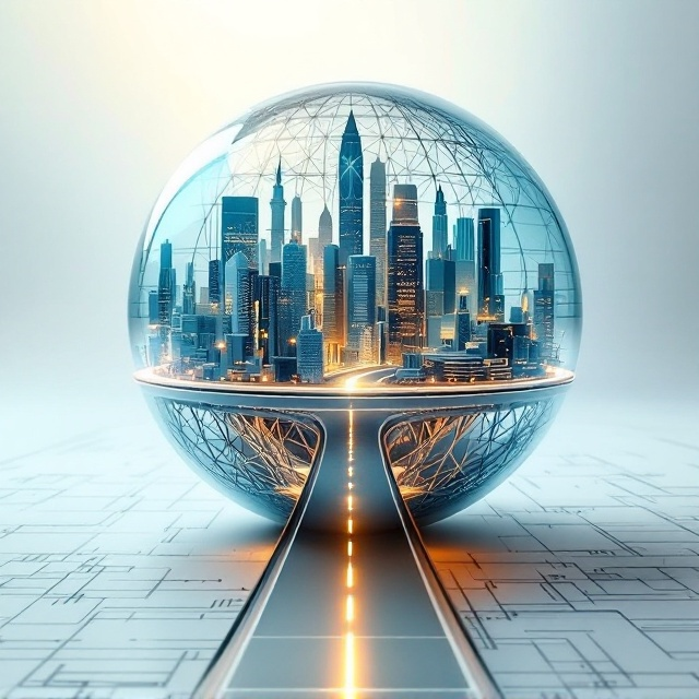 A futuristic and compact modern city depicted inside a transparent, glowing spherical globe. Surrounding the globe is a lattice-like structure resembling intricate, high-tech architecture. A sleek highway emerges from under a grand fortress-like structure, winding its way forward. The background is a gradient of light blue fading into off-white, with soft light rays symbolizing hope and sustainability emanating across the horizon.
